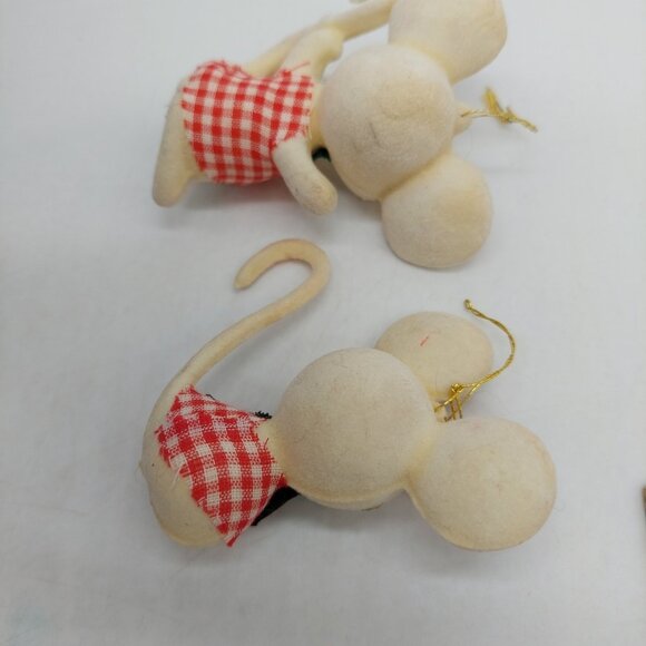 Flocked Christmas Mouse Ornament Mid Century MCM White Set Of 2 READ Vintage - Picture 5 of 7